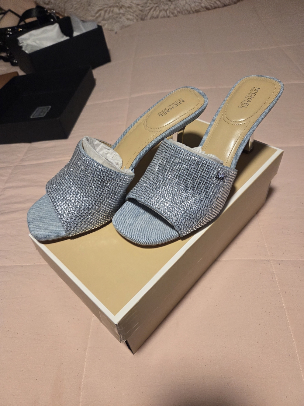 MICHAEL Michael Kors Denim Light Blue Embellished Slide Heels